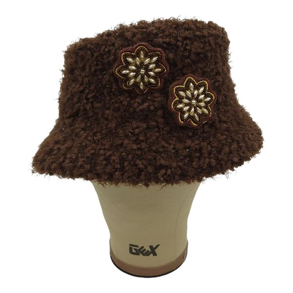 Cejon Brown Nubby Shaggy Sparkle Bucket Hat Floral Blossom One Size Festival Y2K - Picture 1 of 12